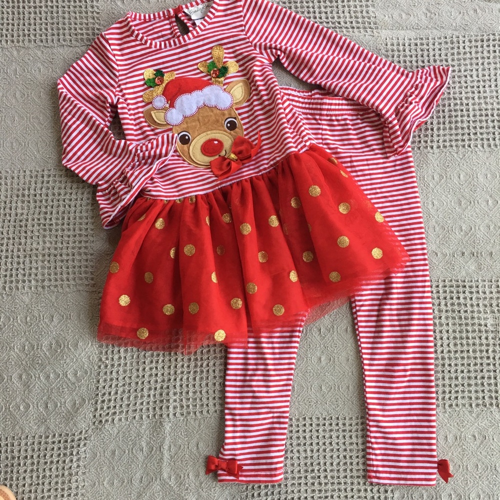 Emily Rose Girl’s Reindeer Design Holiday Christmas Fun 2 Piece Outfit Top/Pants
